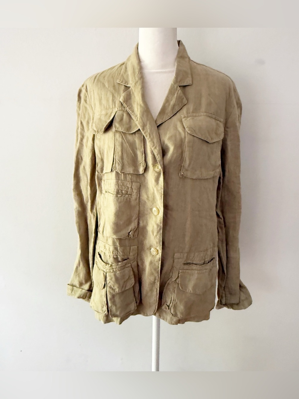 Women 100% Linen Military Jacket Euro Size 46 Neutral Layers Casual Classic